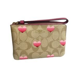 Coach Corner Zip Wristlet In Signature Canvas With Stripe Heart Print